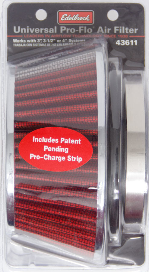 EDELBROCK 43611 Pro-Flo Air Filter Cone 3.70 Tall Red/Chrome