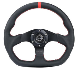NRG Reinforced Steering Wheel (320mm) Sport Leather Flat Bottom w/ Red Center Mark/ Red Stitching