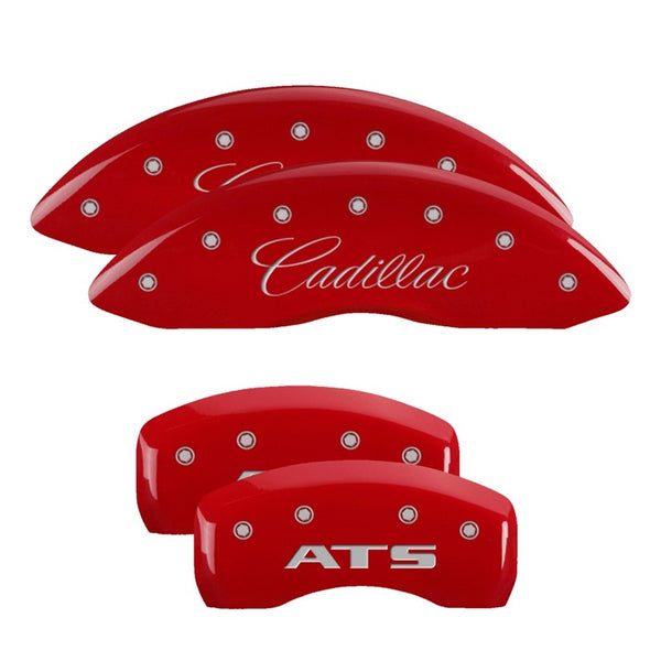 MGP 4 Caliper Covers Engraved Front fits Cadillac Engraved Rear ATS Red finish silver ch