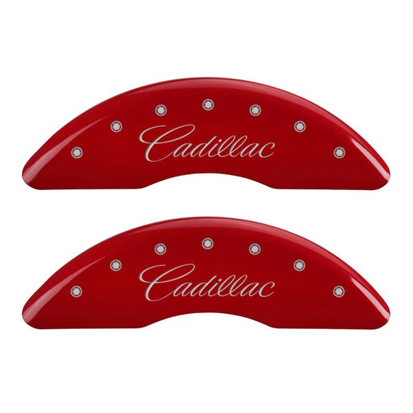 MGP 4 Caliper Covers Engraved Front & Rear Cursive/Cadillac Red Finish Silver Char 2016 fits Cadillac CT6