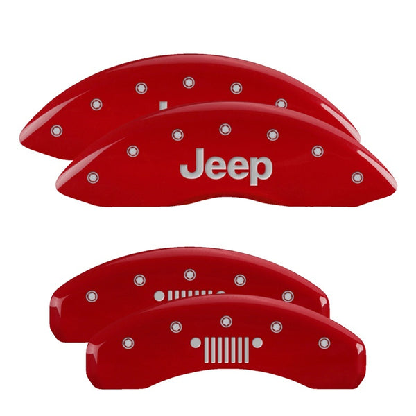 MGP 4 Caliper Covers Engraved Front fits Jeep Engraved Rear fits Jeep Grill Logo Red Finish Silver Characters