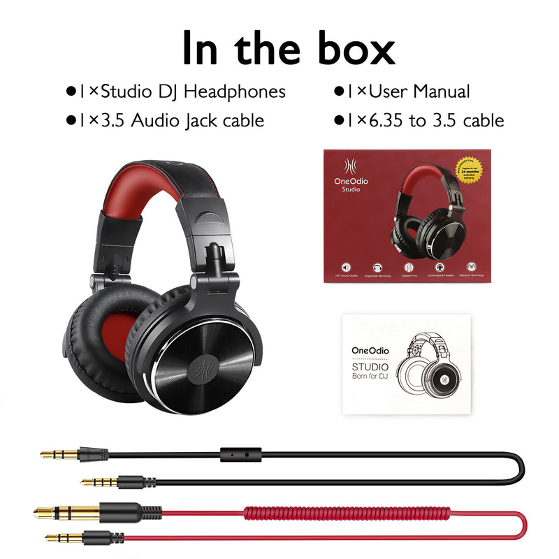 OneOdio Pro 10 Adapter-Free Closed Back Over-Ear DJ Stereo Monitor Headphones, Red