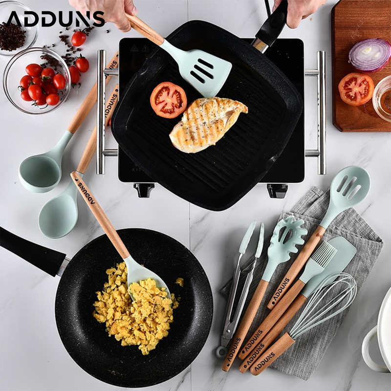 Adduns Wooden Silicone Kitchen Utensil Set with Holder 11 Piece Set