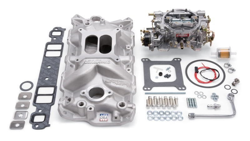 Edelbrock Manifold And Carb Kit Performer Eps Small Block fits Chevrolet 1957-1986 Natural Finish