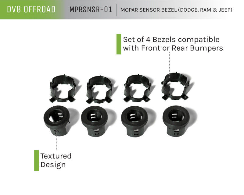 DV8 Offroad fits Jeep/Dodge/RAM Front Bezel & Rear Clip Replacement Kit for fits Mopar Sensors - Set of 4