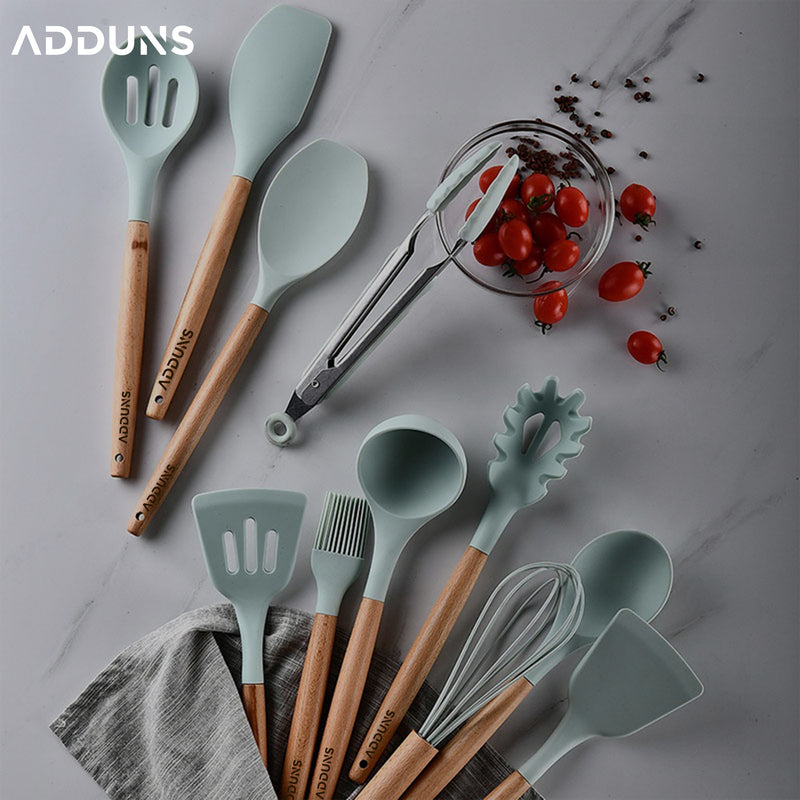 Adduns Wooden Silicone Kitchen Utensil Set with Holder 11 Piece Set