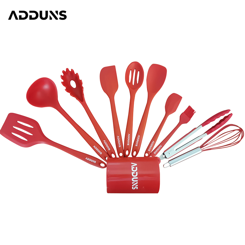Adduns Silicone Kitchen Utensil Set with Holder 10 Piece Set - Red