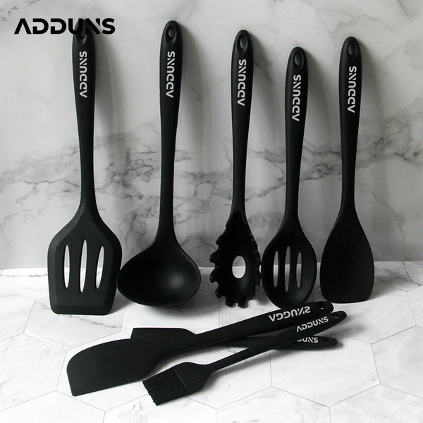 Adduns Silicone Kitchen Utensil Set with Holder 10 Piece Set - Black